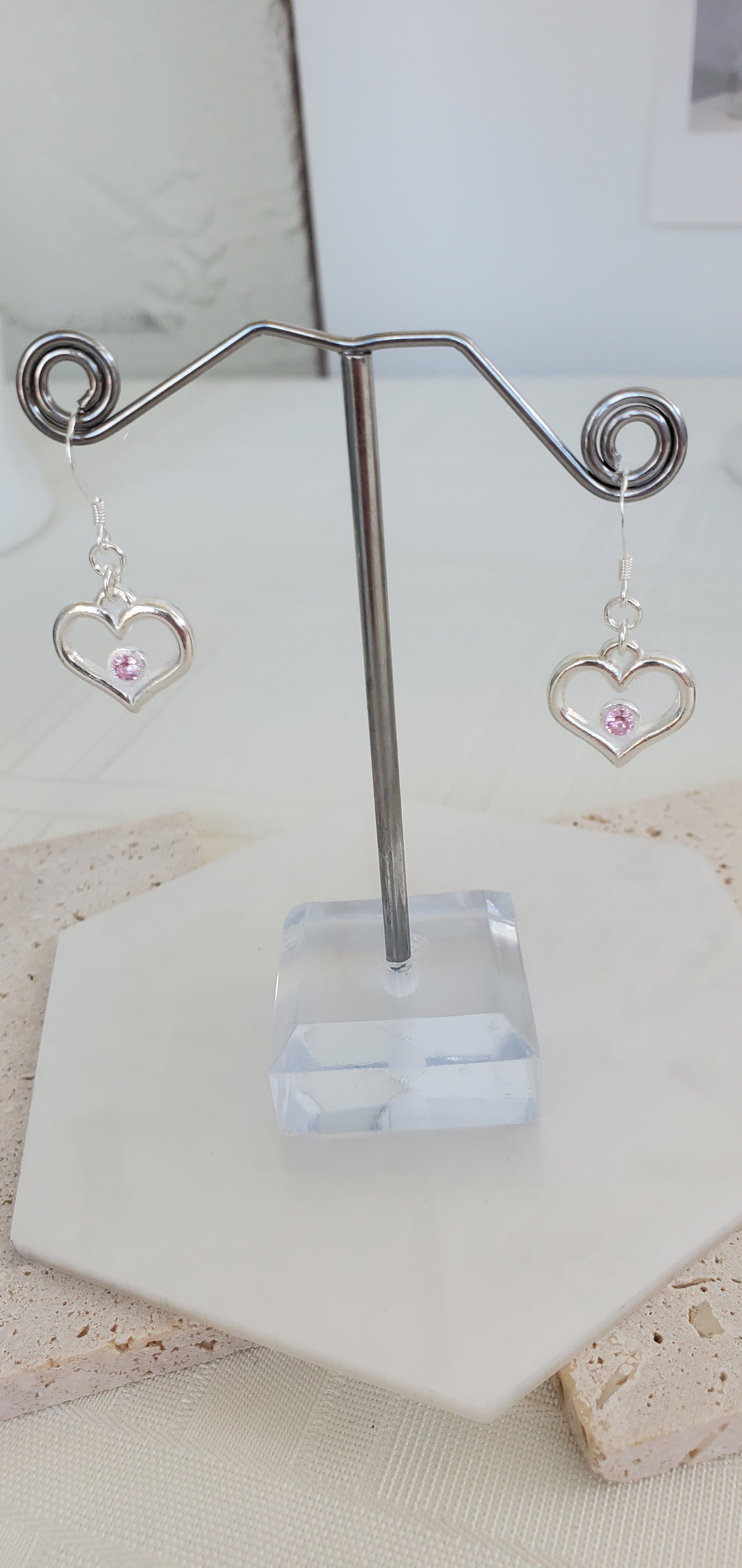 Silver Heart Pink Sapphire Earrings