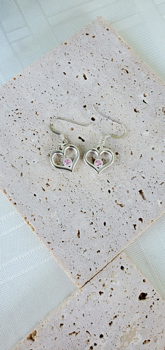 Silver Heart Pink Sapphire Earrings